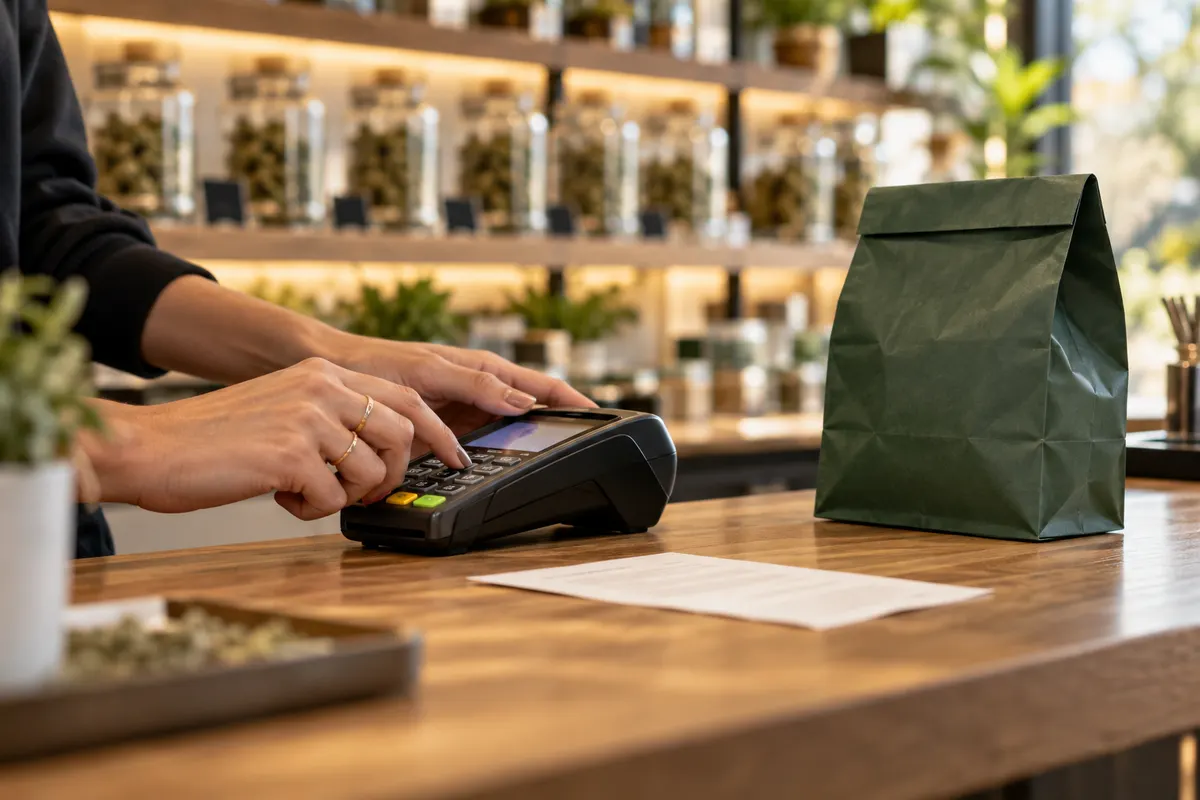 A budtender keys a payment on a countertop card terminal