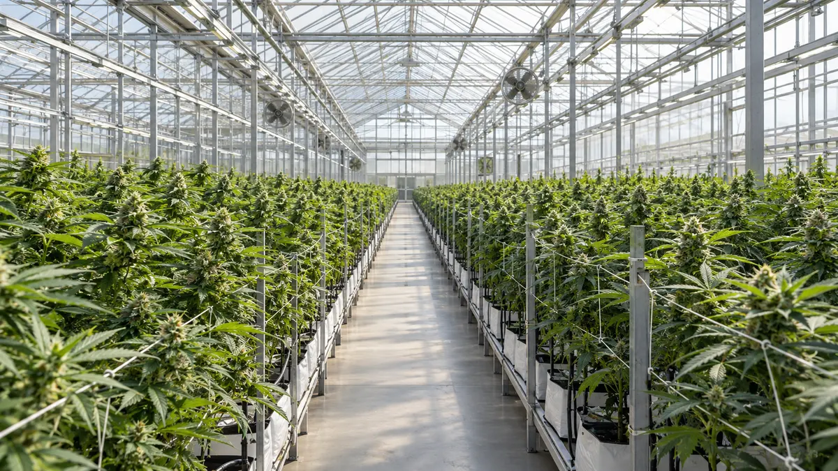 Rows of cannabis plants in a bright greenhouse