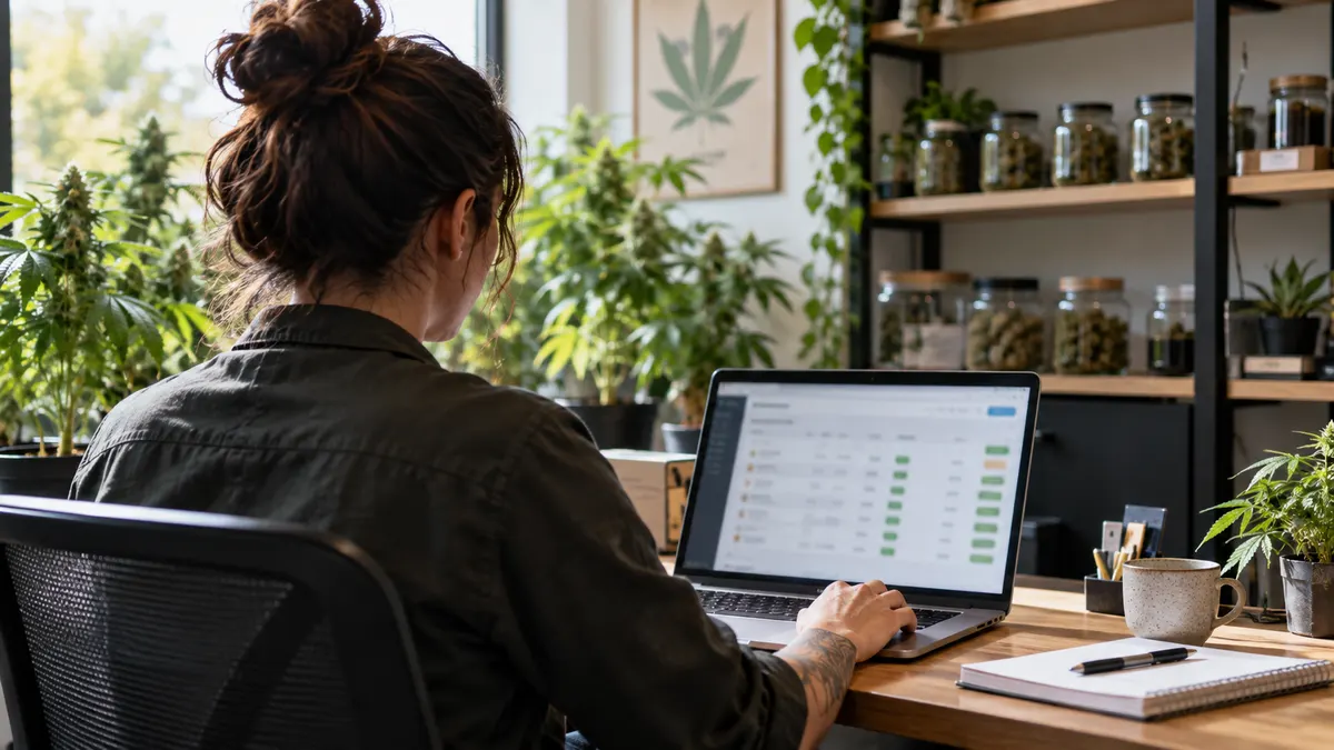 Store owner reviewing orders on a laptop in a dispensary back office