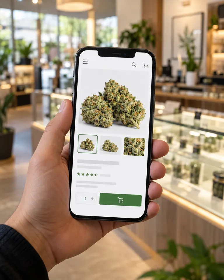 Phone showing a cannabis store product page in a dispensary