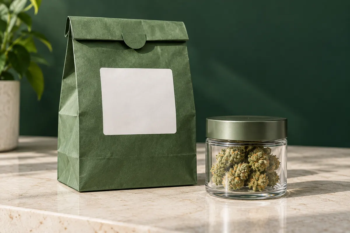 Sealed green pickup bag next to a jar of cannabis flower