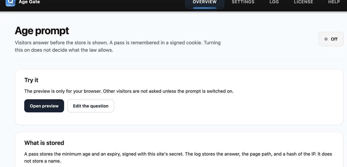 Age Gate overview screen: Age prompt status Off, Try it with Open preview and Edit the question, and what is stored