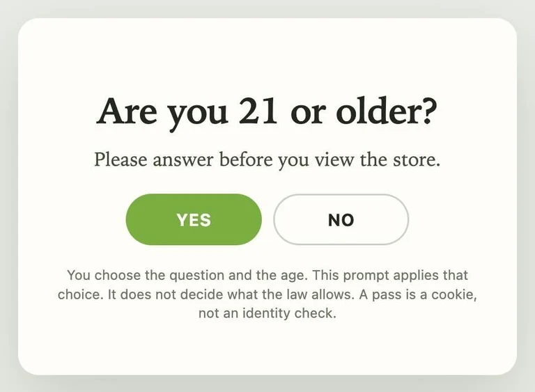 Age prompt: Are you 21 or older? with Yes and No buttons