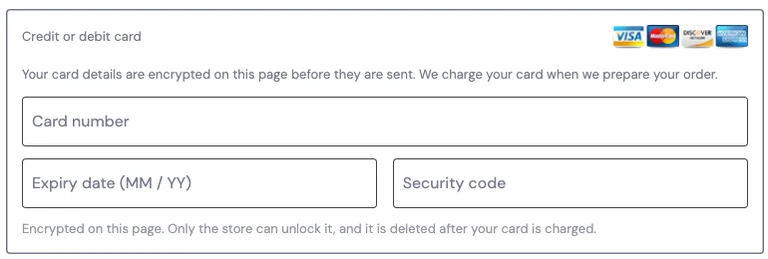 The card form at WooCommerce checkout: card number, expiry and security code, with the note that the card is encrypted on the page