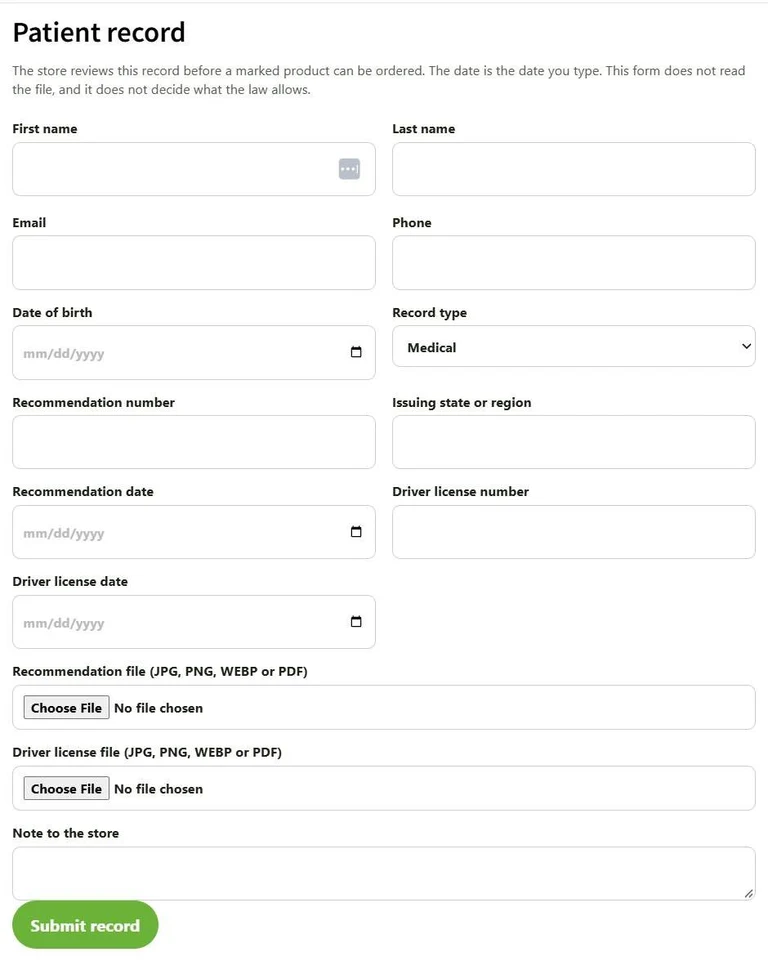 Patient record form with name, email, date of birth, recommendation number and date, driver license number and date, and two file uploads