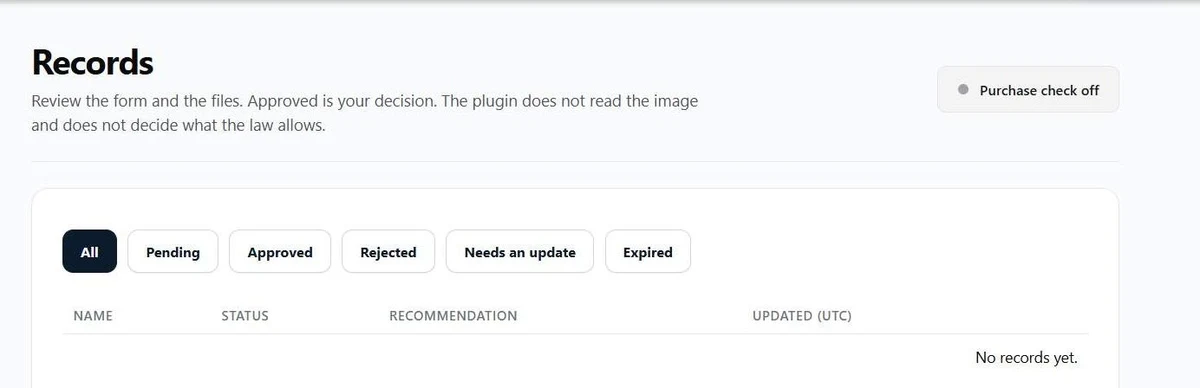 Records screen with filters for All, Pending, Approved, Rejected, Needs an update and Expired, and the purchase check status